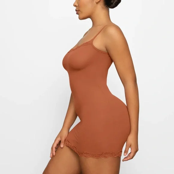 NWT SKIMS Fits Everybody Corded Lace Slip Dress In Bronze - Picture 2 of 6